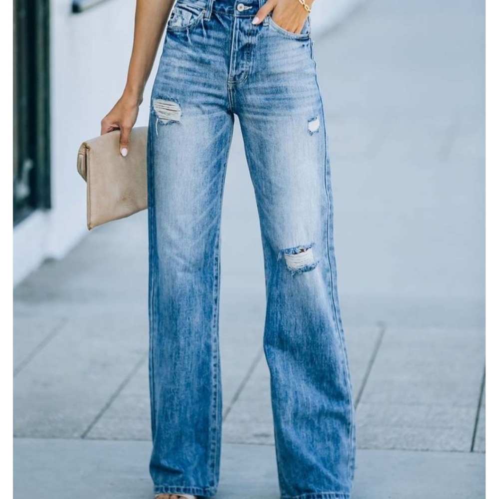 Distressed wide leg blue jeans size L NWT